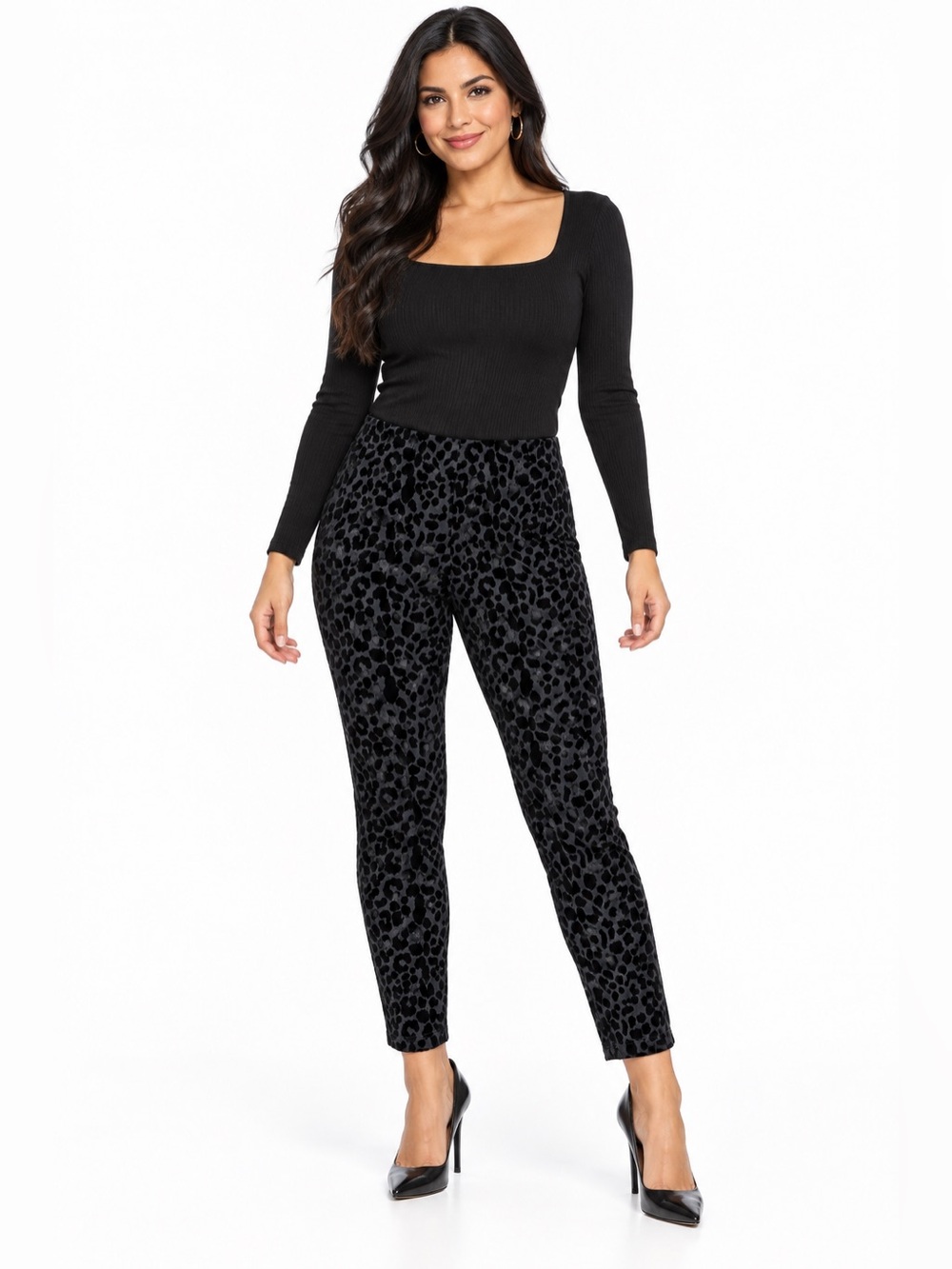 NWT Nanette Laporte SZ M Black Velvet Raised Flock Leopard Cropped Ankle Pants